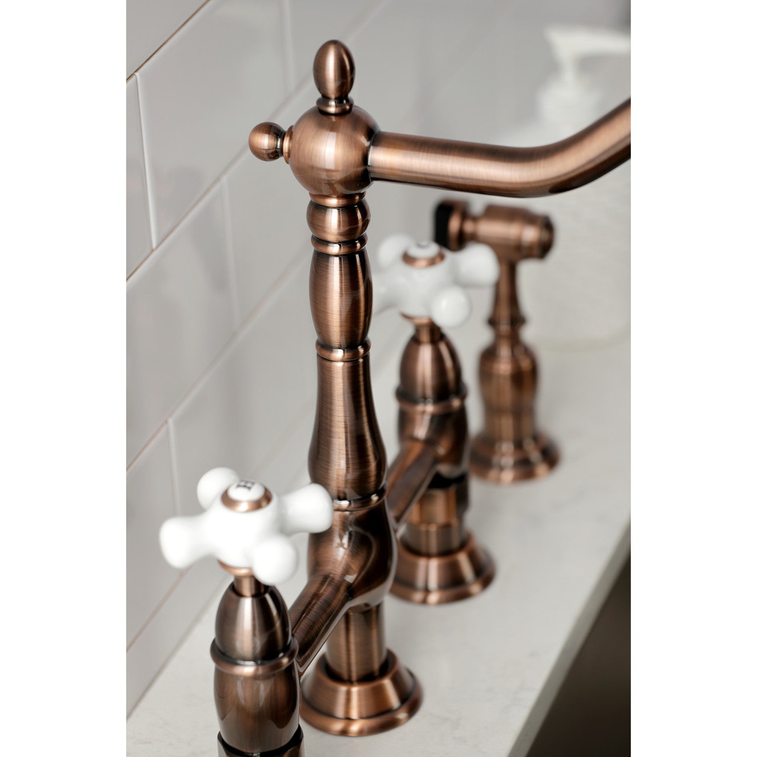 Kingston Heirloom KS127PXBSAC - Heritage Two-Handle 4-Hole Deck Mount Bridge Kitchen Faucet with Brass Sprayer, Antique Copper — thumbnail 2